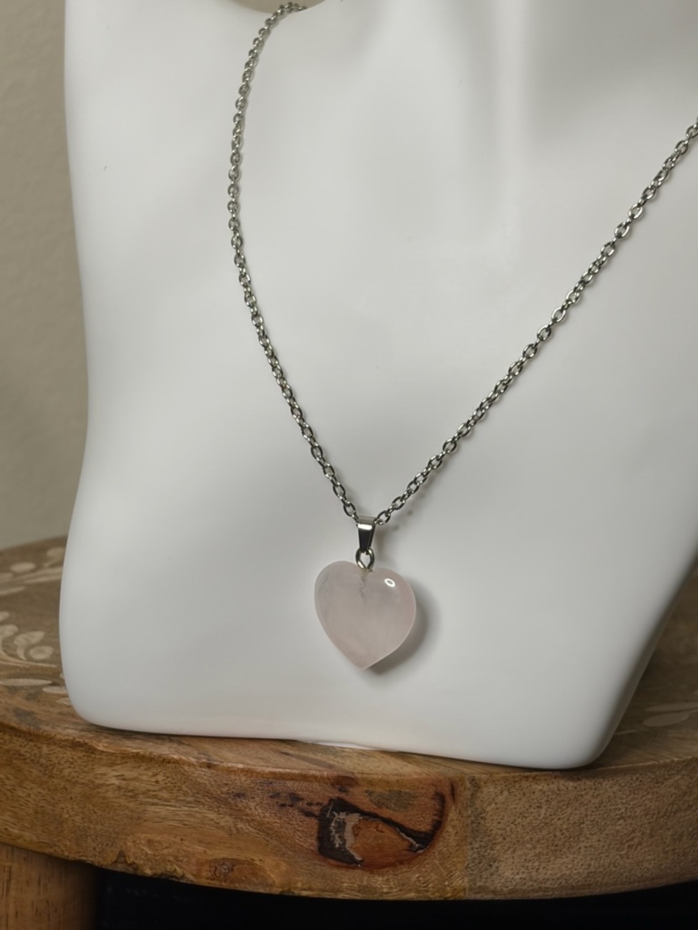 Rose Quartz Heart Necklace Pink Crystal Pendant Silver Love Stone Jewelry Gift